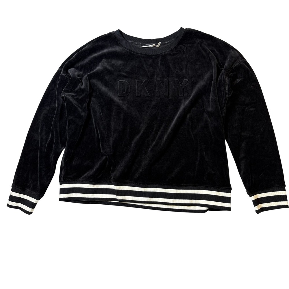 DKNY‎ Sport Women XL Black Velour Sweatshirt Embossed Logo Striped Trim Pullover